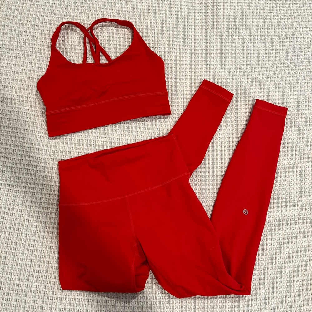 NEW SET! Lululemon Hot Heat Red Wunder Train 28” Leggings and Energy Sports Bra